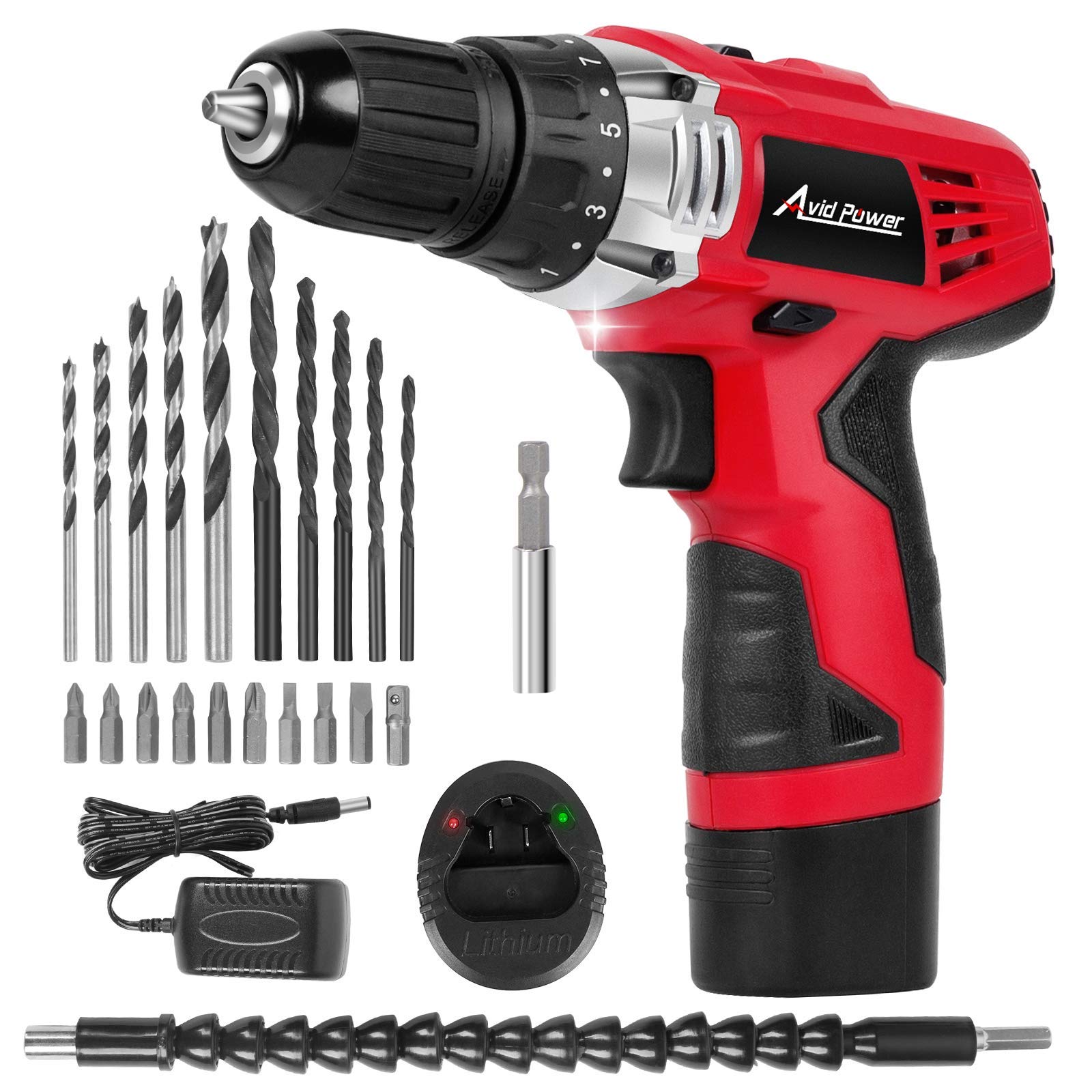 AVID POWER 12V Cordless Drill, Power Drill Set with 22pcs Impact Driver/Drill Bits, 2 Variable Speed, 3/8-Inch Keyless Chuck, 15+1 Torque Setting (Red)