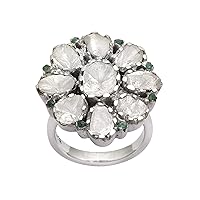 2.50 CTW Natural Big Diamond Polki Ring with Tinny Small Emerald | 925 Sterling Silver | Polki Diamond Antiqued Handcrafted Fine Ring | Platinum Plated | Wedding Diamond Ring