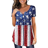 Fourth of July Shirts for Women,Women's Casual V-Neck Short Sleeve T-Shirt Independence Day Printed Button Top