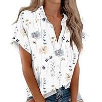 Tunic Holiday Camping Tees Women Short Sleeve Lounges V Neck Button Down Shirts for Women Comfort Polyester White L