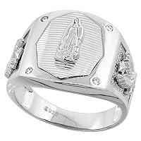 Mens Sterling Silver Octagonal Guadalupe Ring Eagle Sides Cubic Zirconia Stone Accents 21/32 inch wide