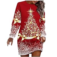 Funny Christmas Tree Sweatshirt Dress Women Crewneck Long Sleeve Casual Mini Dress Loose Xmas Pullover Tunic Tops