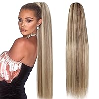 Straight Drawstring Ponytail Extensions Highlights Long Hair Extension Ponytails Clip in Natural Brown Mix Blonde 30 inch Synthetic Drawstring Ponytail straight for Women(#8/613 6.70OZ)…