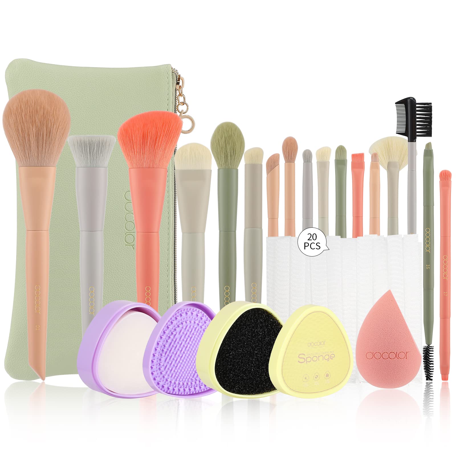 Docolor 17Pcs Morandi Makeup Brush Set with Makeup Bag and Makeup Sponge and Brush Protector + Makeup Brushes Cleaner Set