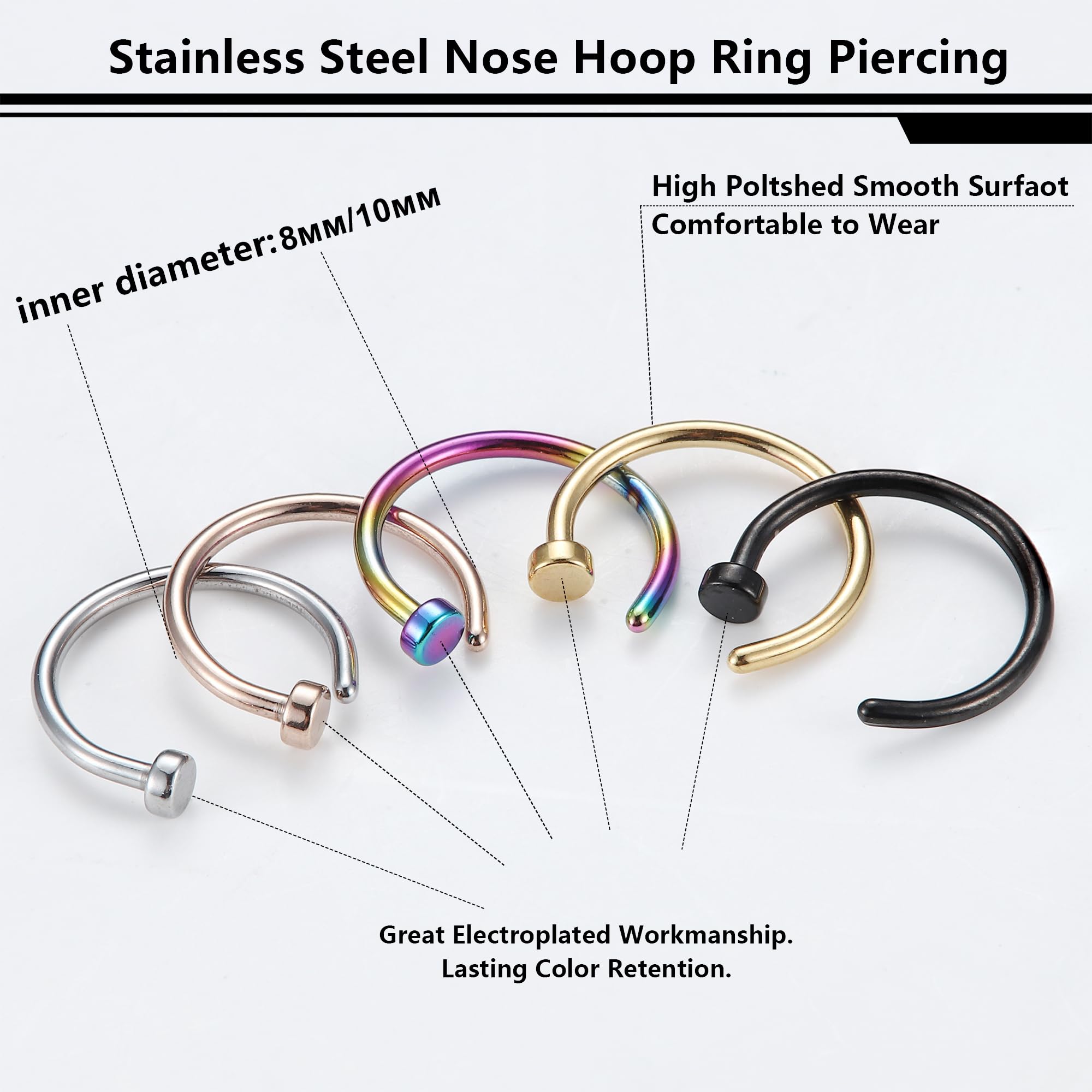 FIBO STEEL 18G-22G 5PCS Stainless Steel Body Jewelry Piercing Nose Ring Hoop for Women