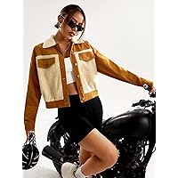 Women Jackets Borg Collar Flap Detail Corduroy Jacket Women Jackets (Color : Brown, Size : X-Small)