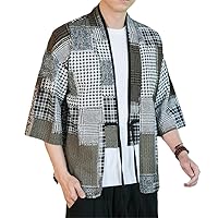 Spring Summer Plaid Jacket Men Half Sleeve Cotton Linen Thin Streetwear Cardigan Coat Loose Adjustable Waist