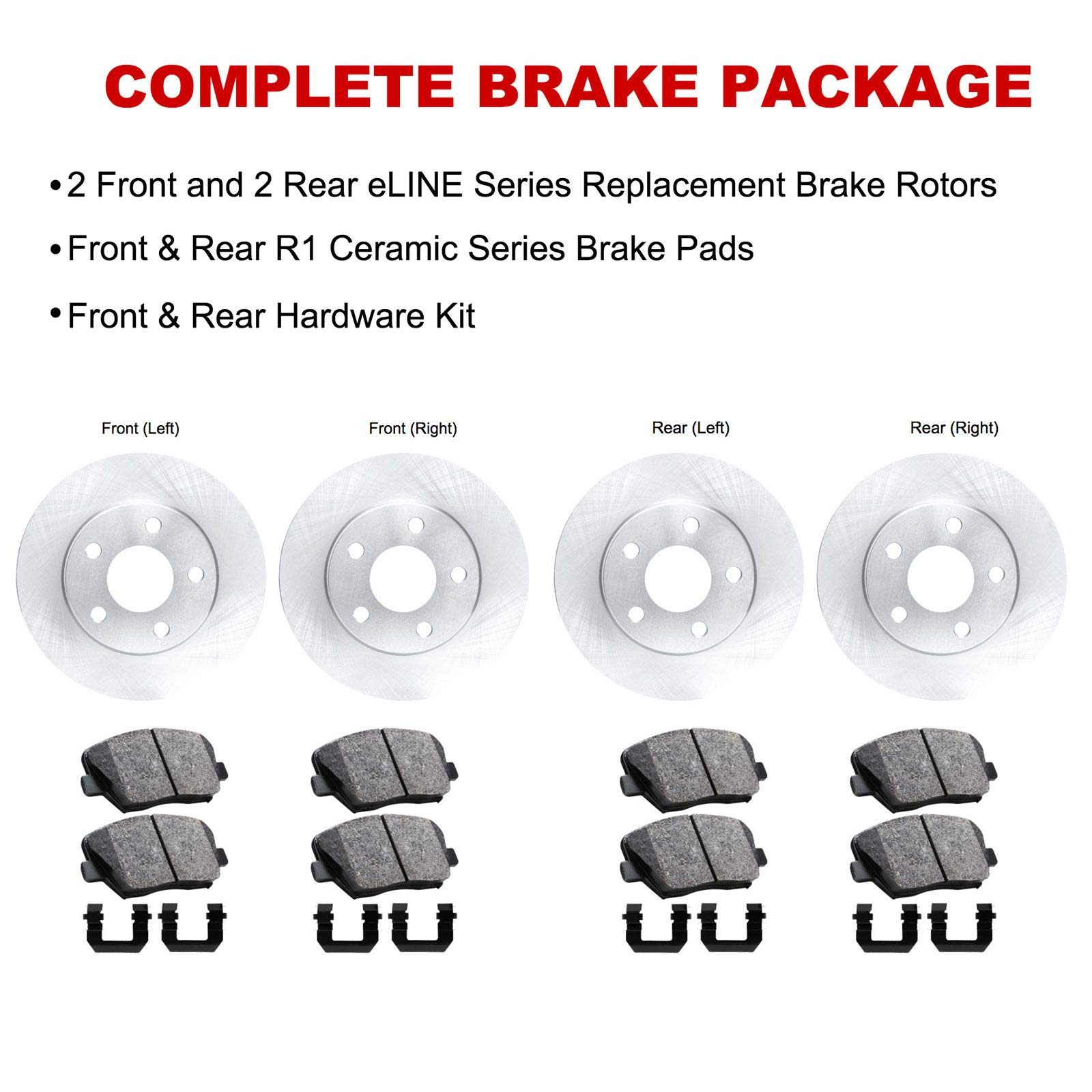 R1 Concepts Full Kit Front Rear OE Replacement Brake Rotors with Ceramic Pads and Hardware Kit Compatible For 2014-2019 Mercedes-Benz CLA250