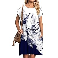 Summer T Shirt Dress for Women Crewneck Petal Short Sleeve Loose Dress Swing Casual Beach Sundress with Pockets