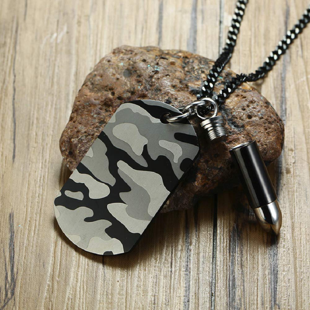 Military Mens Stainless Steel Camouflage Black Dog Tag Bullet Ashes Urn Necklace, 23.5 inch Chain