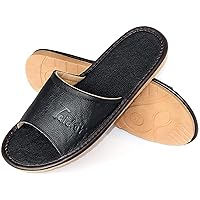 Leather Slippers, Open Toes Indoor Slippers Leather Flat Slide Sandals Casual House Shoes Bedroom Slippers Office Slippers for Mens