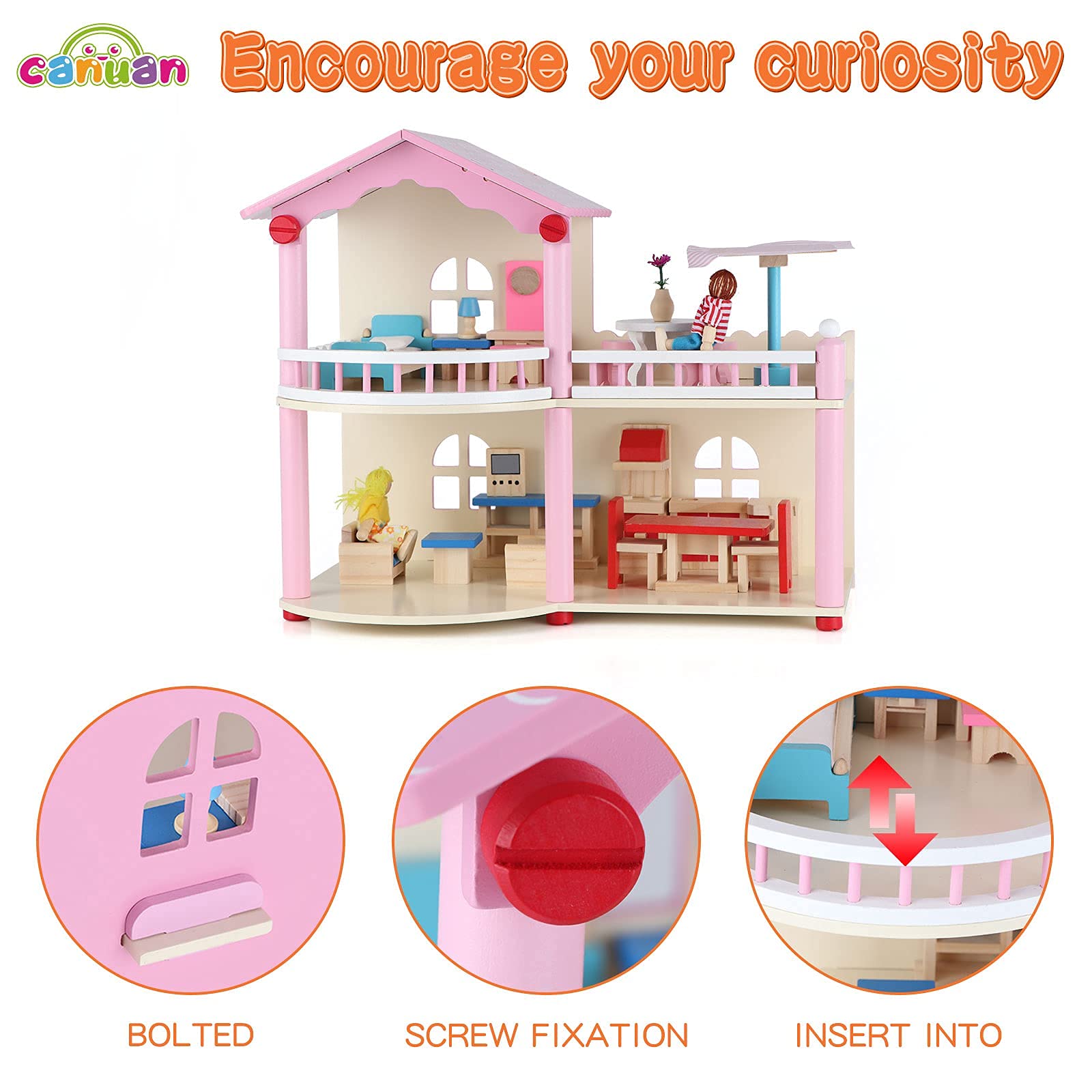 Canuan Dollhouse for Kids 3 4 5 Years Old,Dream House Playset with Furniture and Accessories Kit,Gifts for Girls and Boys