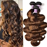 UNICE Brown Highlight Body Wave Human Hair Weave 3 Bundles 12 14 14 inches, Brazilian Remy Hair Ombre Blonde Human Hair Wavy Weaves Sew in FB30 Piano Color