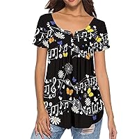 POLERO Cow Print Tunic Tops for Women Short Sleeve Summer Blouses Plus Size Button Down Pleated Shirts for Casual