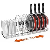 Pot and Pan Organizer Rack for Cabinet, Stainless Steel Expandable Pot Lid Organizer with 14 Adjustable Dividers, Pot and Pan Holder Rack Storage Organizer for Kitchen, Silver