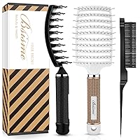 Hair Brush Comb Set, Boar Bristle Hair Brushes for Women Men Kids, Curved Vented Styling Brush Faster Blow Drying, Paddle Detangling Brush for Wet Dry Curly Thick Straight Hair (Black White)