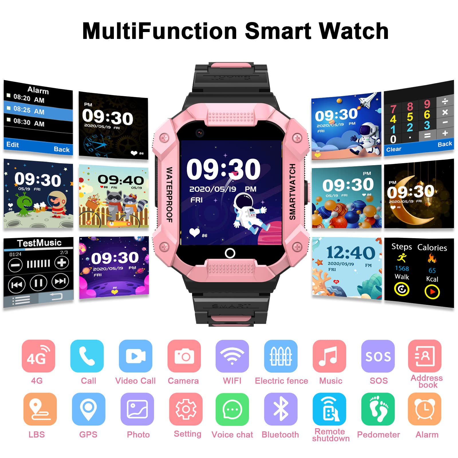 PTHTECHUS 4G Smart Watch for Kids - Smartwatch Phone with GPS Tracker,HD Camera, SOS, WiFi, Pedometer, Audio and Video Calling Voice Chat MP3 Waterproof Compatible Android and iOS for Girls Boys Gifts