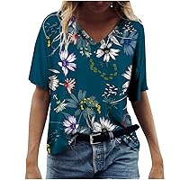 Short Sleeve Shirts for Women Summer Fall Vneck Daisy Floral Graphic Loose Fit Long Tops Shirt Blouses Women 2024