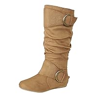 Forever Link Women's Klein-70 Closed Round Toe Buckle Slouch Flat Heel Mid-Calf Boot