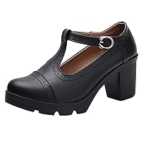 WUIWUIYU Women's Leather T-Strap Chunky Heel Soft Cute Cosplay Oxfords Dress Pump Platform Shoes