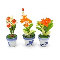 Dollhouse Flower Miniature Color Orange in Pots Set 3 Pots Dollhouse Decoration Made of Artificial Clay Realistic it Very Cute.
