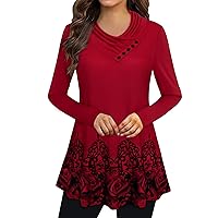 Gaharu Women's Long Sleeve Button Cowl Neck Floral Printed Casual Tunic Tops