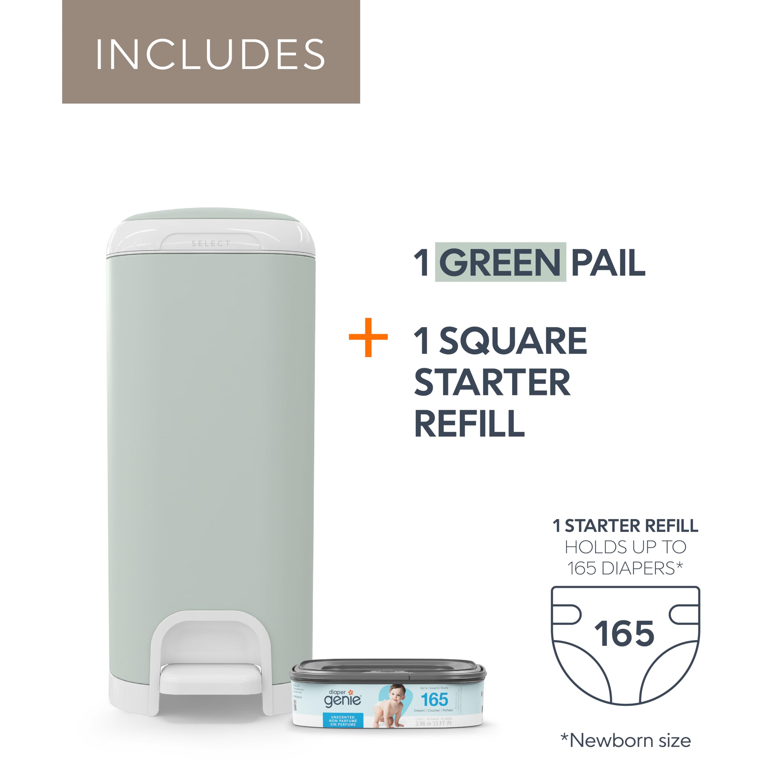 Diaper Genie Select Pail (Green) is Made of Durable Stainless Steel and Includes 1 Starter Square Refill That can Hold up to 165 Newborn-Sized Diapers.