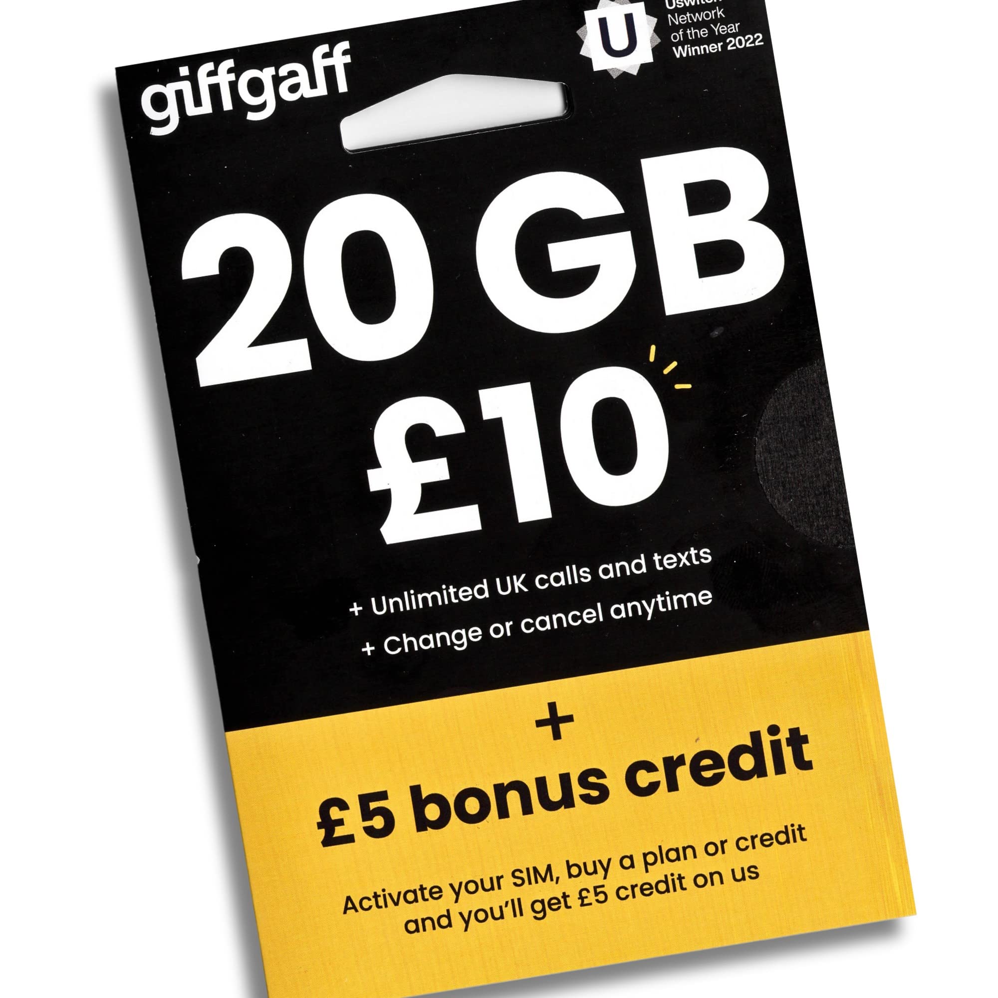 GiffGaff United Kingdom PAYG SIM Card for Visiting UK & Europe w/ 5￡Bonus, Activate While in U.S., 12￡ for Unlimited SMS/Calls and 12GB Data