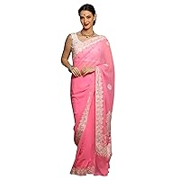 Neon Pink Georgette Saree with White Aari Embroidery - Georgette Saree