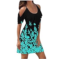Women's Spaghetti Strap Floral Sundress Dress Cold Shoulder Short Sleeve Dresses Summer Casual Beach Party Sun Dress