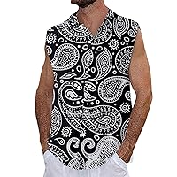 Men's Hawaiian Button Down Paisley Print Tank Tops Summer Beach Casual Sleeveless Shirts Fashion Relaxed Fit Tee