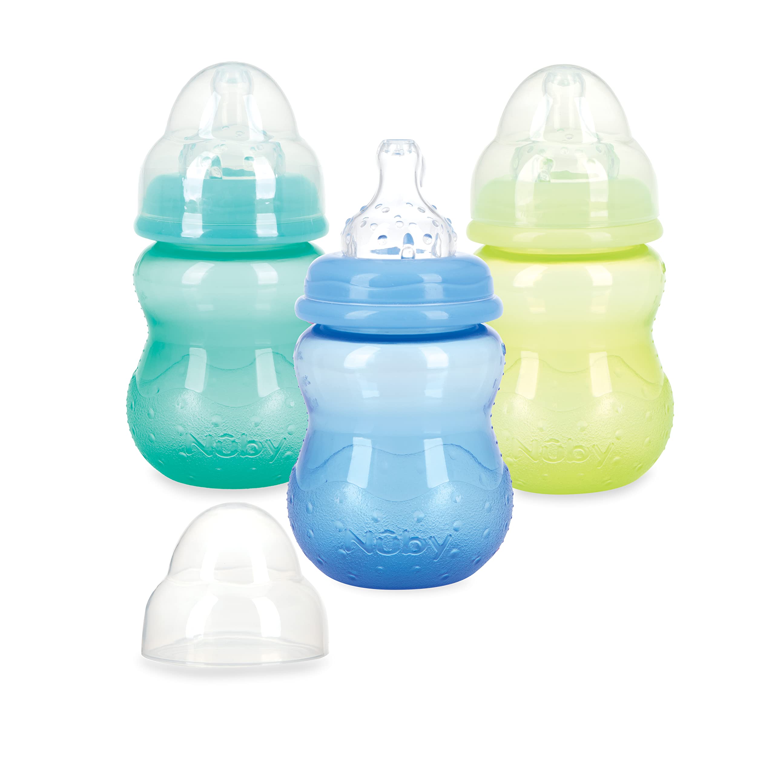 Nuby 3 Pack Non-Drip Wide Neck 8oz Vari-Flow Bottles, Soft Silicone Nipples, BPA Free, 0+M, Blue, Green, Aqua