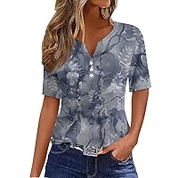 Women's Tops 2024 Casual Print V-Neck Short Sleeve Decorative Button T Shirt Top 3/4 Tops, S-3XL