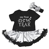 Petitebella My First New Year Black Bodysuit Silver Tutu Baby Dress Nb-18m