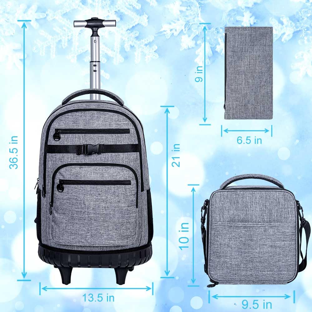 3PCS Rolling Backpack for Men, 19 Inches Travel Roller Bookbag with Wheels, Teen Boys College Backpacks Wheeled - Grey