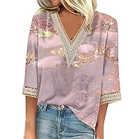 Women T Shirts Trendy Lace Graphic Tees Loose Fit T-Shirts V Neck 3/4 Sleeve Tops Spring Casual Lightweight Clothes 2024