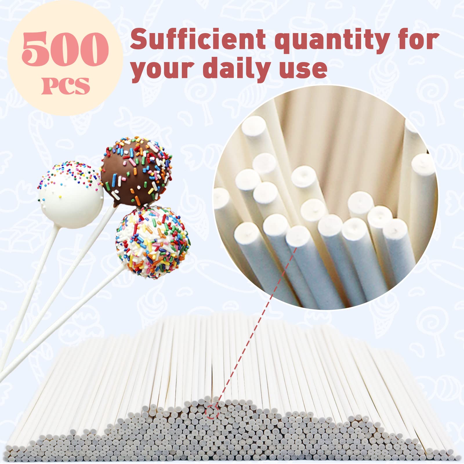 500 Pcs 4 Inch White Lollipop Sticks,Paper Treat Sticks,Sucker Stick for Dessert,Cake Pops,Homemade Candy,Chocolate,Cookie(3 mm)