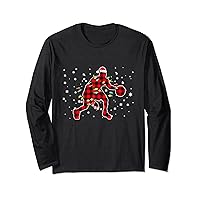 Basketball Sport Santa Holiday Plaid Christmas Long Sleeve T-Shirt