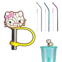 Hello Drinking Straw Toppers With Free Reusable Straws & Brush, Cute Kitty Silicone Cover Plug Made For Hydroflask Stanley Tumbler Cups Gift Decorations Lid Spill Charm Protector Cap 8mm (Concha)