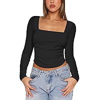 Women's Summer Blouses 2024 Neck Long Sleeve Crop Top Slim Fit Backless Solid Color Casual Shirt Blouses, XS-L