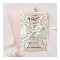 25pcs Pink Wedding Invitations with Envelopes, Lacer Cut Lace Hollow with Elegant Ribbons, for Wedding Bridal Shower Engagement Birthday Party Invite, Pink