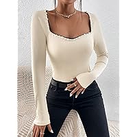 Women's T-Shirt Contrast Binding Pearls Detail Sweetheart Neck Tee T-Shirt for Women (Color : Apricot, Size : Medium)