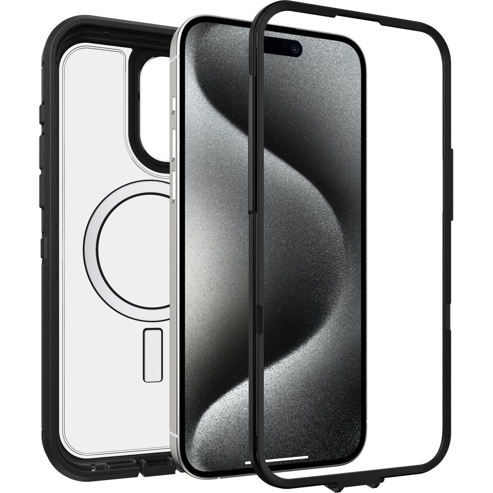 OtterBox iPhone 15 Pro MAX (Only) Defender Series XT Clear Case - DARK SIDE (Black/Clear), screenless, rugged , snaps to MagSafe, lanyard attachment