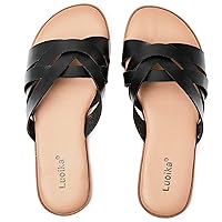 Luoika Women's Wide Width Flat Slides Sandals, Casual Comfortable Strap Sandal Summer Beach Dress Shoes for Women.