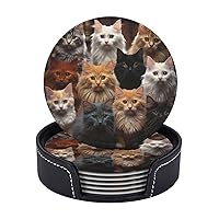 Cat Collection Print Coasters Leather Drink Coasters Set of 6 Heat Resistant Bar Coasters with Storage Case Round Cup Mat Pad for Living Room Kitchen Office Gift