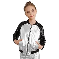 CHICTRY Kids Girls Bomber Jacket Shiny Sequin Raglan Long Sleeve Zip Up Jackets Hip Hop Dancewear