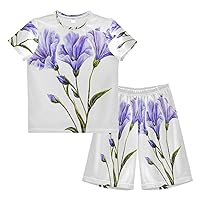 Boy Shorts Sets Purple Wildflowers Short Sleeve Shirt Top+shorts Suits XS