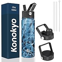 Insulated Water Bottle with Straw,22oz 3 Lids Metal Bottles Stainless Steel Water Flask,Marble Ocean