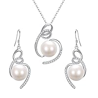 BriLove Gifts for Mom Women 925 Sterling Silver CZ AAA Freshwater Cultured Pearl Necklace Earrings Set for Mothers Day/Valentines Day/Birthday/Christmas/Anniversary