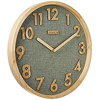 Silent Wall Clock 12 inch Kitchen Clock with 3D Wood Numbers, Non-Ticking Quartz Movement, Linen Face and Wood Frame for Home, Office, Classroom (Green)